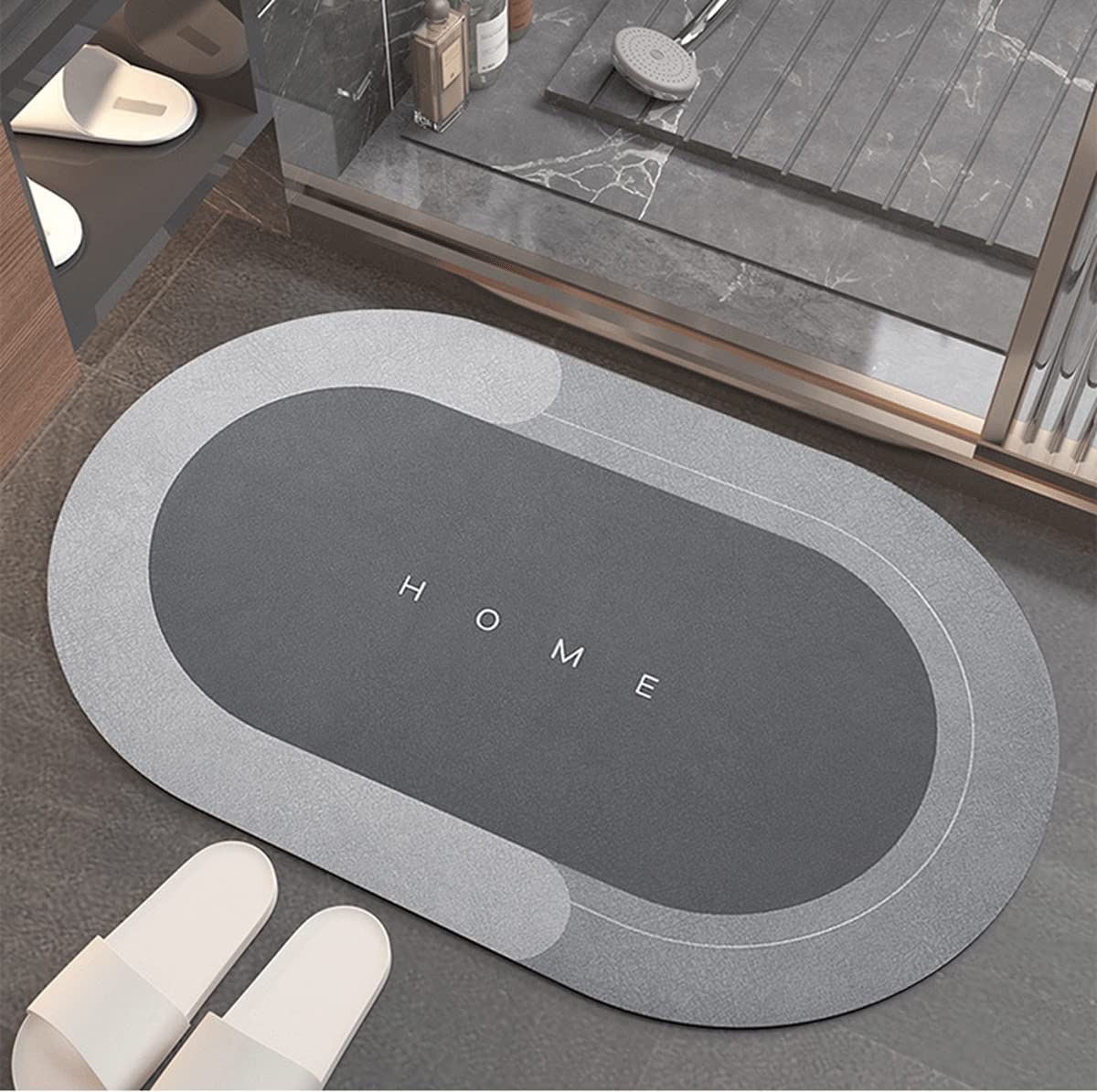Happy Go-Mart Diatom Mud Bath Mat with Rubber Backing | Super Absorbent Quick-Drying Non-Slip Floor Mat | Machine Washable 40x60cm Bathroom & Kitchen Rug, Light Gray Elliptical Design