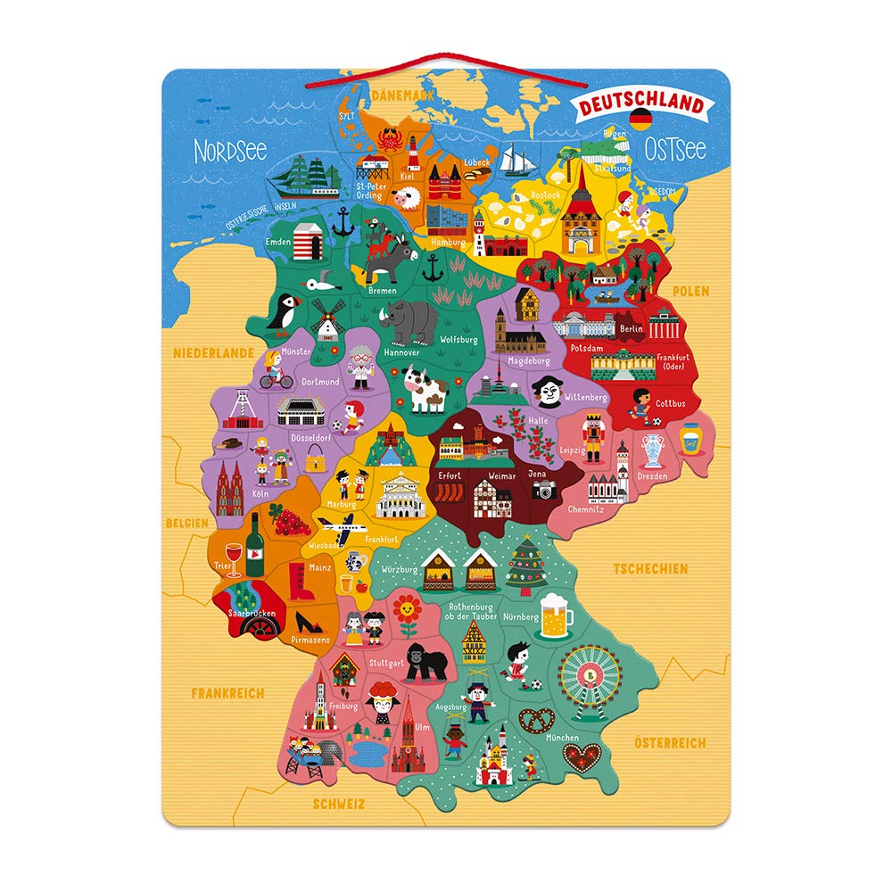 Janod - Magnetic Map of Germany - Children's Wooden Puzzle - 79 Magnetic Pieces - Discover and Memorise - Geography Educational Game - From 7 Years, J05477