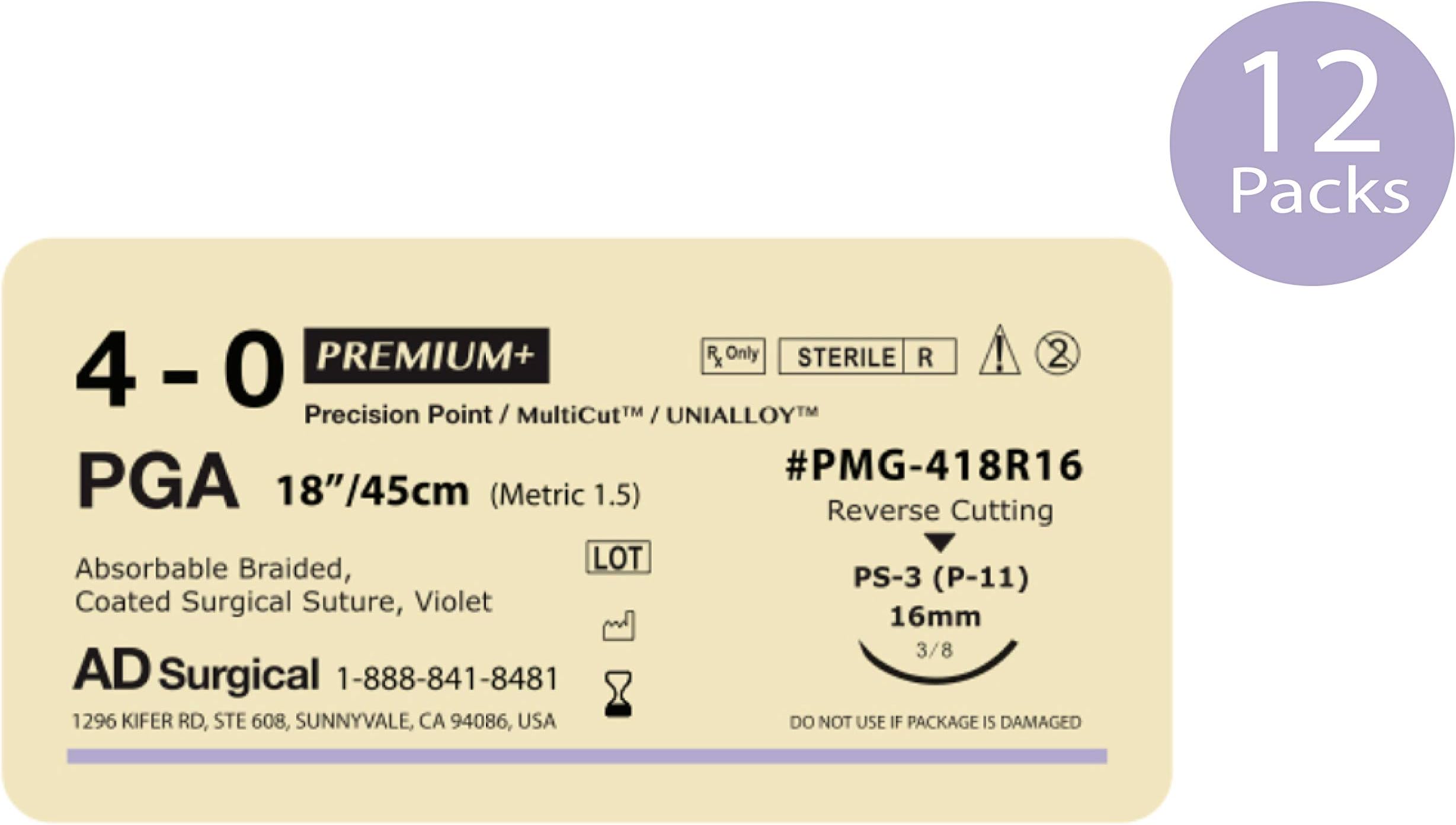 AD Surgical Unify Premium+ Absorbable PGA Braided Surgical Sutures (Violet) - 4/0; 18" Thread with 16mm 3/8 Circular rev. Cut Needle - Box of 12