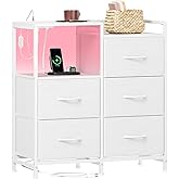 Somdot White Nightstand for Bedroom with Charging Station and LED Light, Wide 5 Drawers Dresser with Fabric Bins and Open She