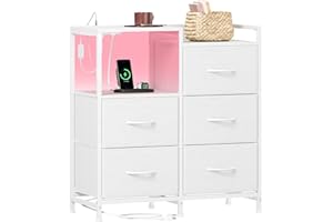 Somdot White Nightstand for Bedroom with Charging Station and LED Light, Wide 5 Drawers Dresser with Fabric Bins and Open She