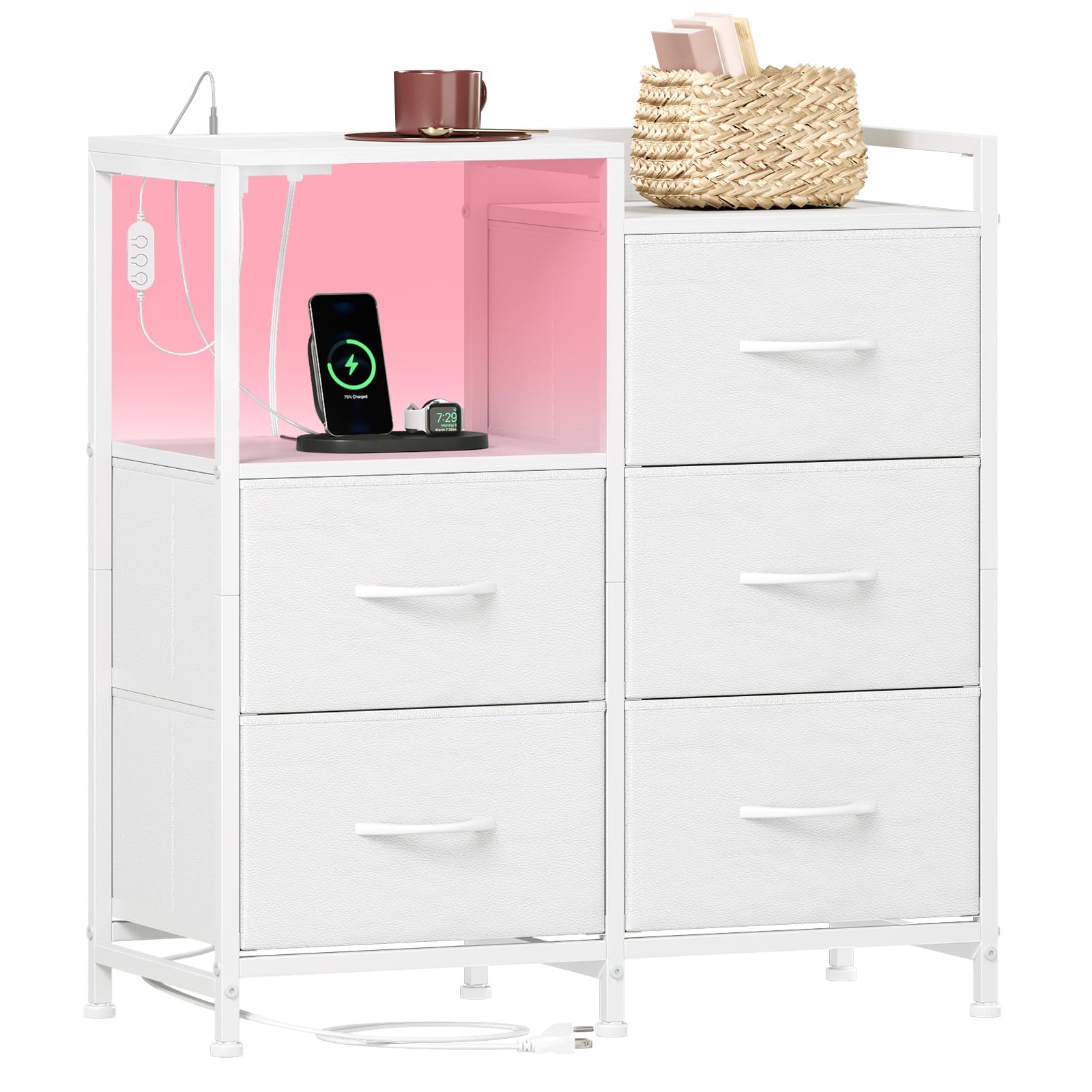 Photo 1 of Somdot White Nightstand with Charging Station and LED Light, Wide 5 Drawers Dresser for Bedroom with Fabric Bins and Open Shelf for Bedroom Kids Closet Dorm Guest Room, White Leather