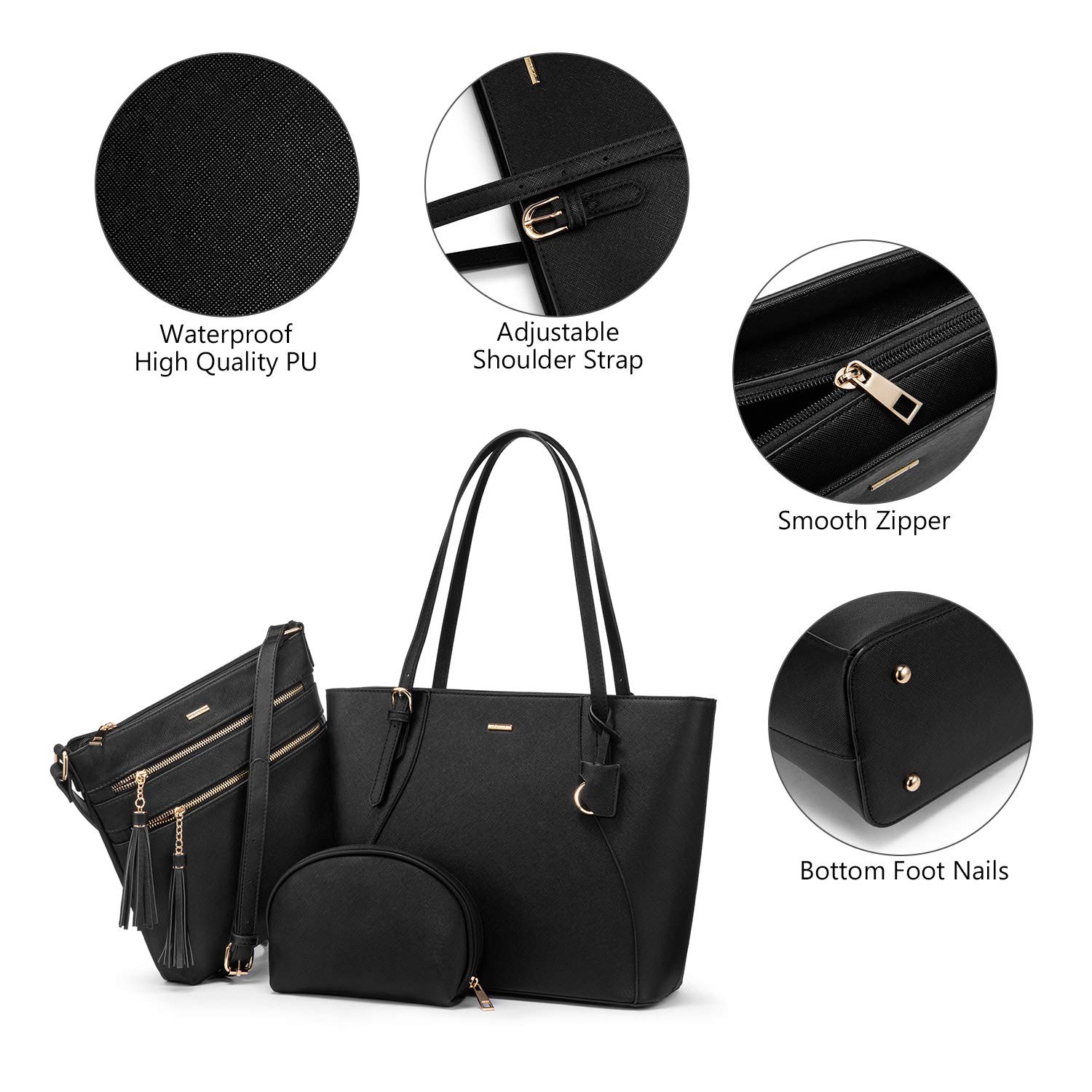LOVEVOOK Handtaschen Damen Set, Tasche für Damen Umhängetasche Schultertasche Geldbörse Cross Body Bag Shopper Henkeltasche Tote Tasche 3PCS PU Leder Schwarz