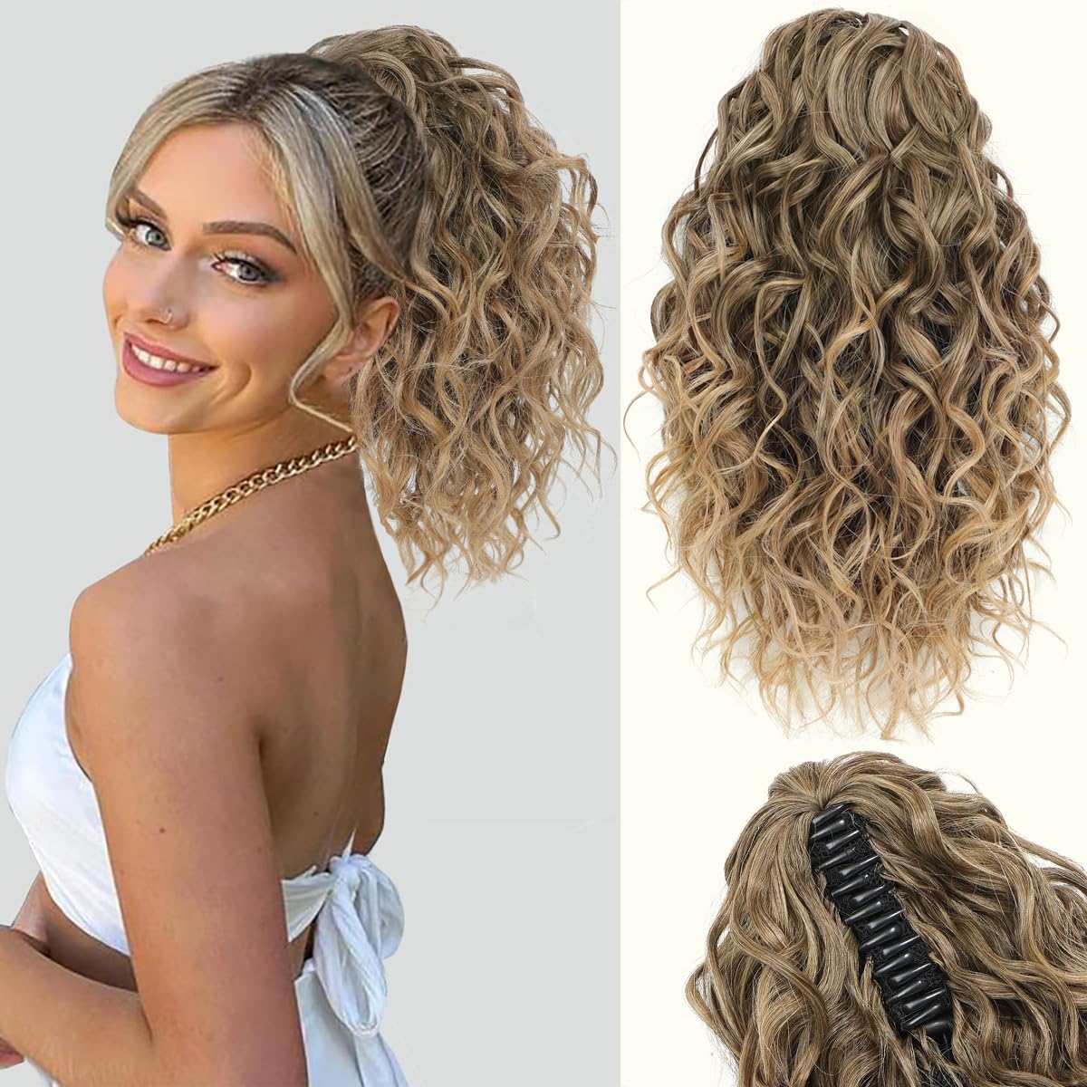 VEGALILY 12 inch Ponytail Extension Short Curly Hair Extensions Clip in Drawstring Ponytail Synthetic Claw Clip Ponytail Hair Extensions Soft Hair Pieces for Women (Rich Brown with Light Tail) — image 1