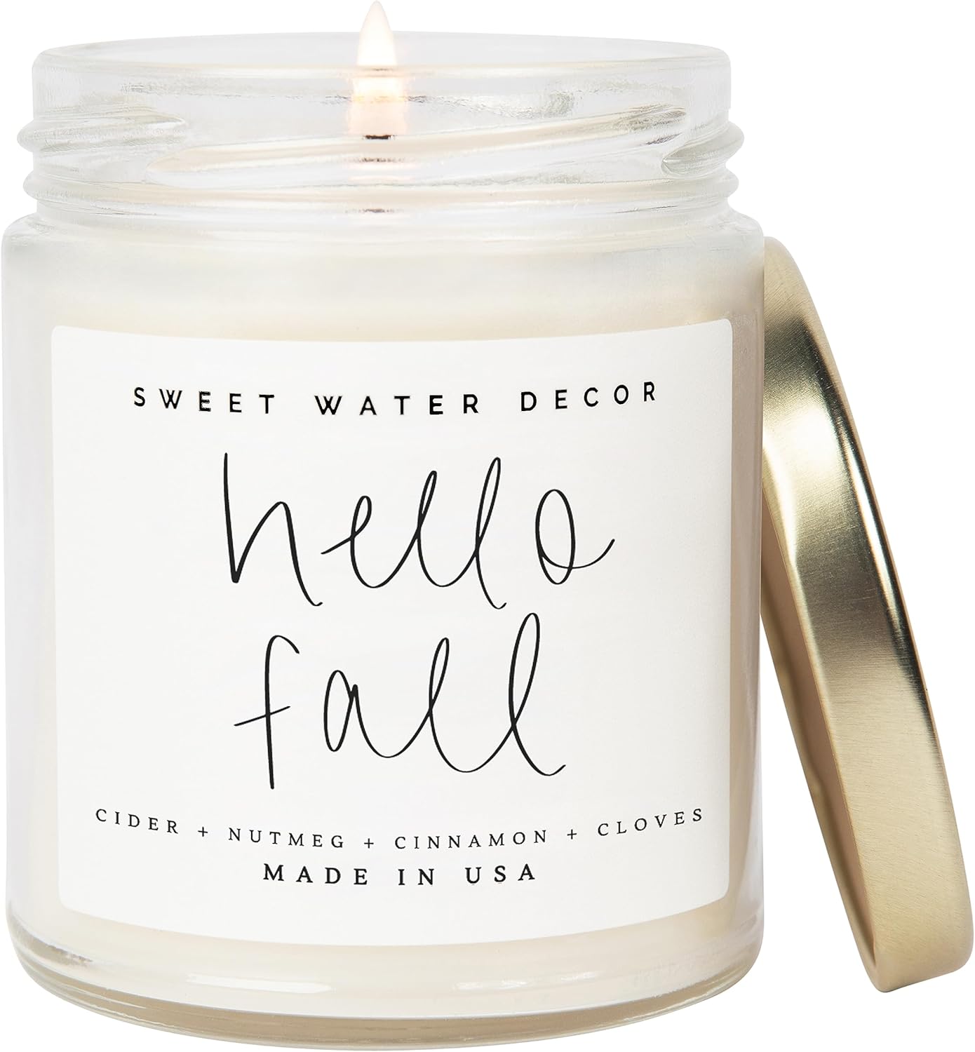 Candles & Holders - Sweet Water Decor Hello Fall Candle | Cinnamon, Apples, and Clove Autumn Scented Soy Candles for Home | 9oz Clear Jar, 40 Hour Burn Time, Made in the USA