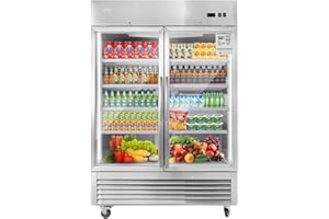 JINSONG Commercial Beverage Fridge Display Refrigerator, 54" Wide, Glass Door Refrigerator, Stainless Steel Beverage Cooler with LED Lighting & 8 Shelves for Restaurant, Office, Shop, Bar, 49 Cu.ft
