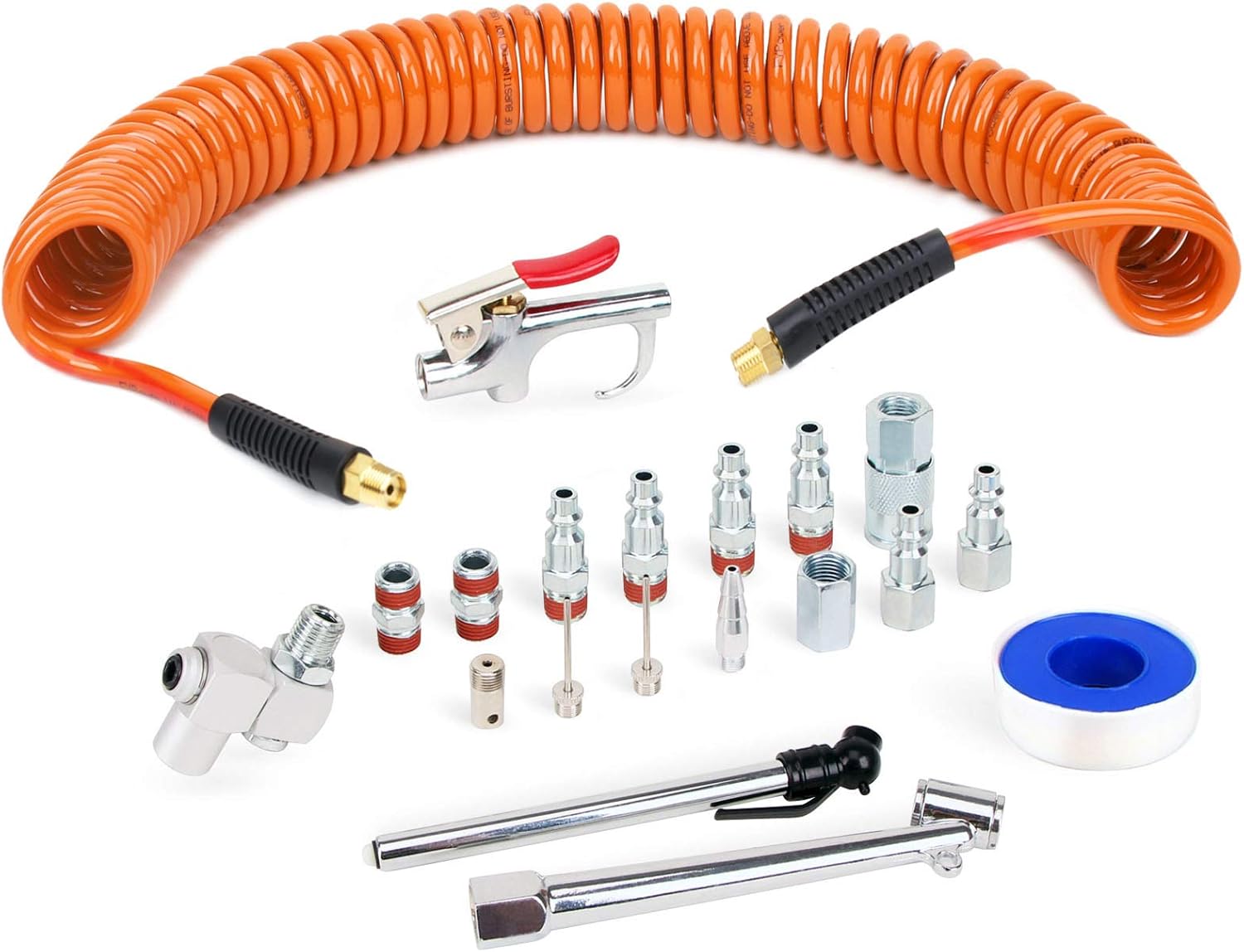 FYPower 1/4 inch x 25 ft Recoil Poly Air Hose Kit, 20 Pieces Air Compressor Accessories Set, 1/4" NPT Quick Connect Air Fittings, Blow Gun, Chuck, Safety and Tapered Nozzles, Couplings, Orange PU Hose - - 
