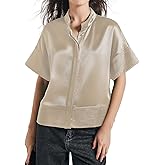 D-Sun Women's Casual Button Down Shirts Oversized Short Sleeve Stand Collar Tops Trendy Work Blouses