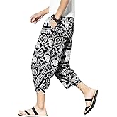 PRIJOUHE Men's Harem Capri Pants, Wide Leg Mens Capris, Summer Linen Pants