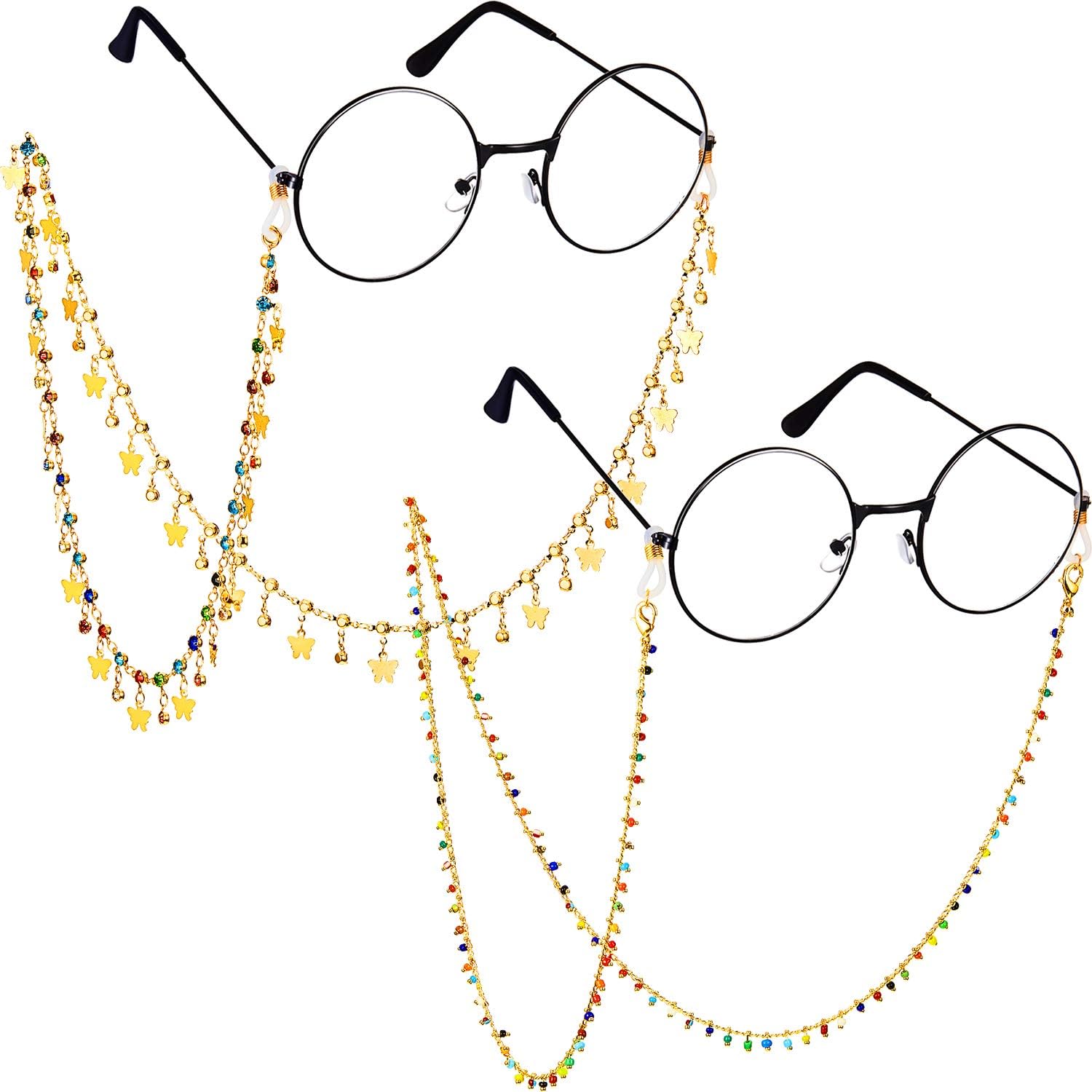 2 Pieces Colorful Beaded Eyeglass Chains Colored Beads Butterfly