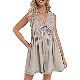 Vidifid Women's Denim Romper Casual Summer Sleeveless Jean Romper Tie Front V Neck Ruffle Jean Short Overall With Pockets