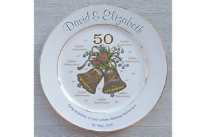 Personalized Bone China Commemorative Plate for A 50th Wedding Anniversary - Wedding Bells Design with 2 Gold Bands
