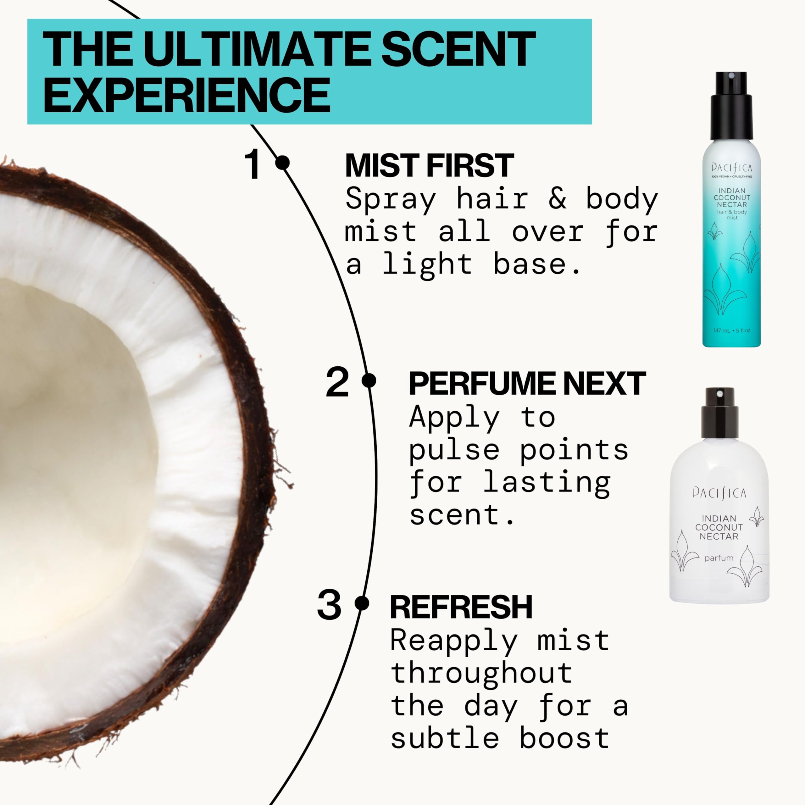 Pacifica Indian Coconut Nectar Hair Mist Perfume & Full Body Spray for Women - Body Mist Fragrance w/Tiare, Sugar, Vanilla, Almond & Amber Clean Beauty Alcohol-Free, Vegan & Cruelty-Free, 5 Oz