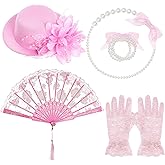 obmwang 5 Pieces Girls Tea Party Supplies Tea Party Gloves Hats Girls Kids Tea Party Necklace Fan for Girls Tea Party Costume