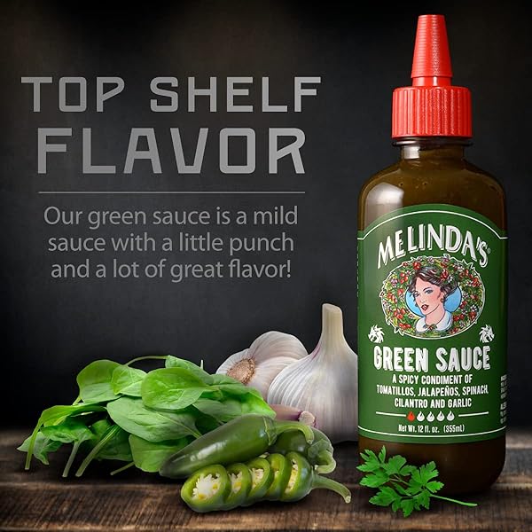 MELINDA’S GREEN SAUCE – GOURMET MILD CHILE VERDE HOT SAUCE MADE WITH FRESH INGREDIENTS, TOMATILLOS, JALAPEÑO, SPINACH & CILANTRO – 12 OZ, 1 PACK