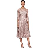 Alex Evenings Womens Tea Length Embroidered Cocktail Dress with Illusion Sleeves, Wedding Guest (Petite and Regular Sizes)