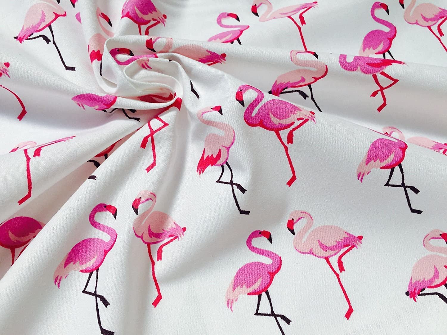 LushFabric Pink Flamingo 100% Cotton Poplin Fabric Bird Print Material Home Decor - 150cm Wide - White (1 Metre)