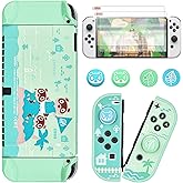 DLseego Animal Crossing Switch OLED Case Protective Cover Dockable Hard Shell Joy Con Skin Accessory With 4PCS Thumb Grips Caps and 2PC Screen Protectors