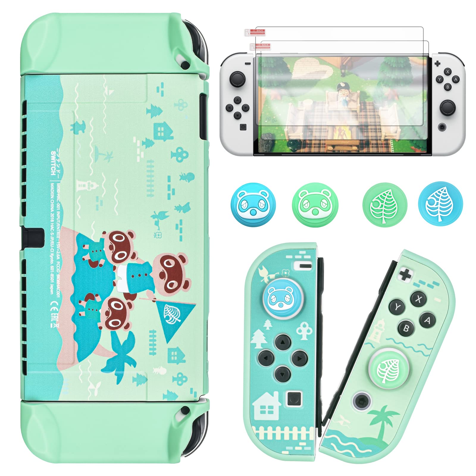 DLseego Animal Crossing Switch OLED Case Protective Cover Dockable Hard Shell Joy Con Skin Accessory With 4PCS Thumb Grips Caps and 2PC Screen Protectors