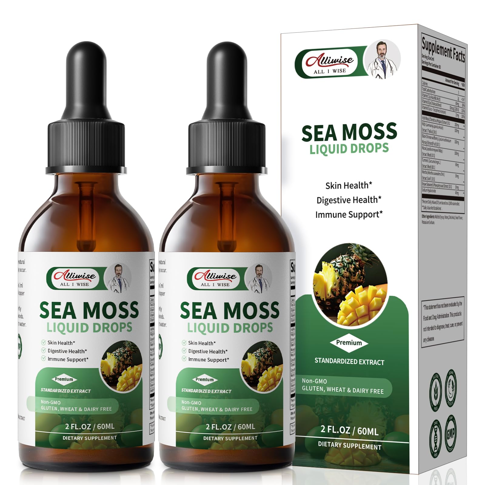 Alliwise Irish Sea Moss Liquid Drops | 10-in-1 Multi-Action Moss Gel Supplement Complex with Hyaluronic Acid & Vitamins for Immune* Digestive* Skin* Hair* Energy* Support | Non-GMO Vegan - 4 Fl Oz