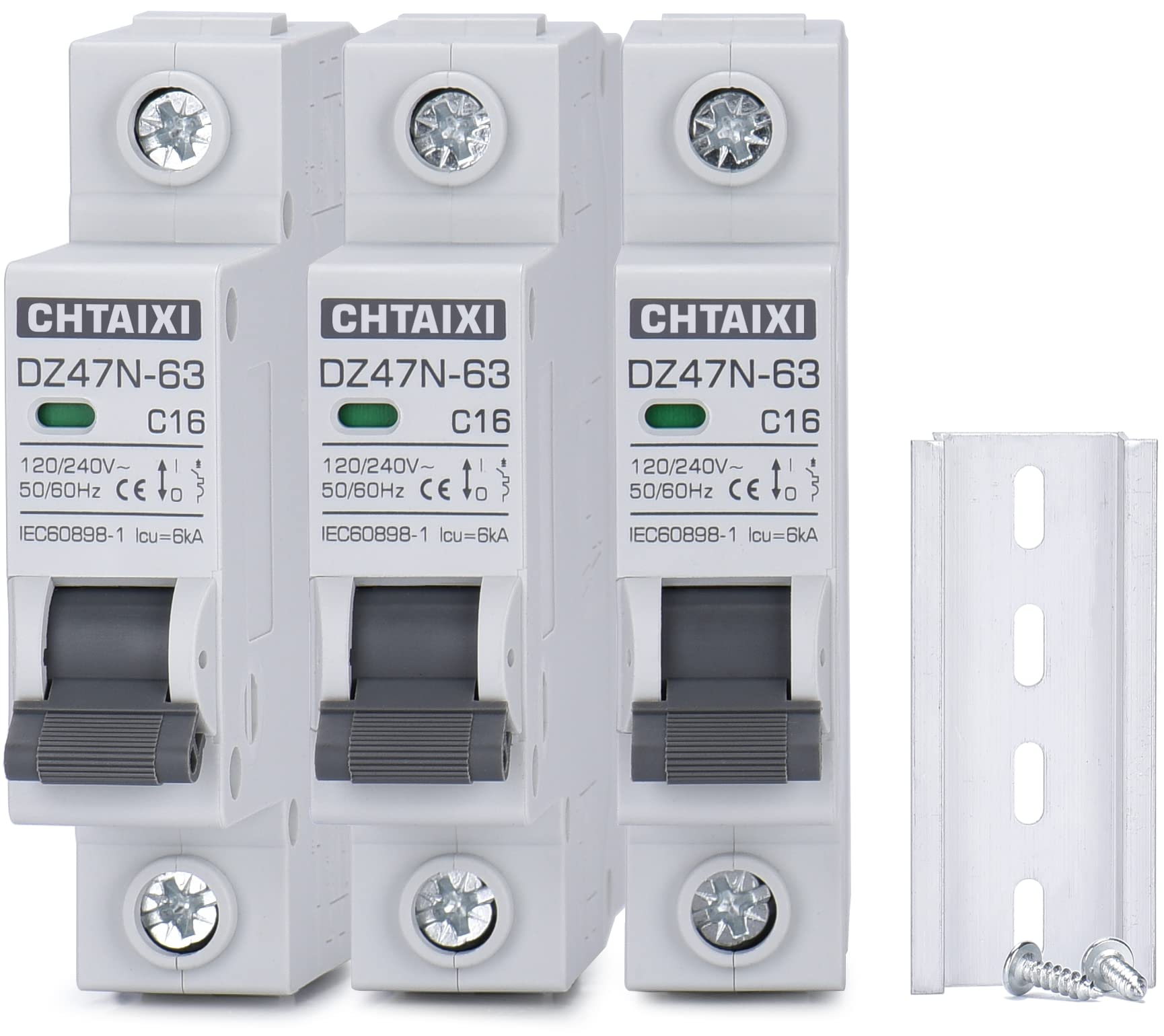 Photo 1 of CHTAIXI 3 Pack 1 Pole Miniature Circuit Breaker, 16 Amp 120V/240V AC DIN Rail Mount Circuit Breaker, Thermal Magnetic Trip MCB C16