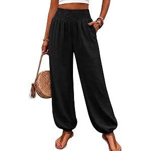 WIHOLL Women's Smocked High Waist Harem Pants, Lightweight Linen Look Balloon Pants with Elastic Cuffs and Pockets