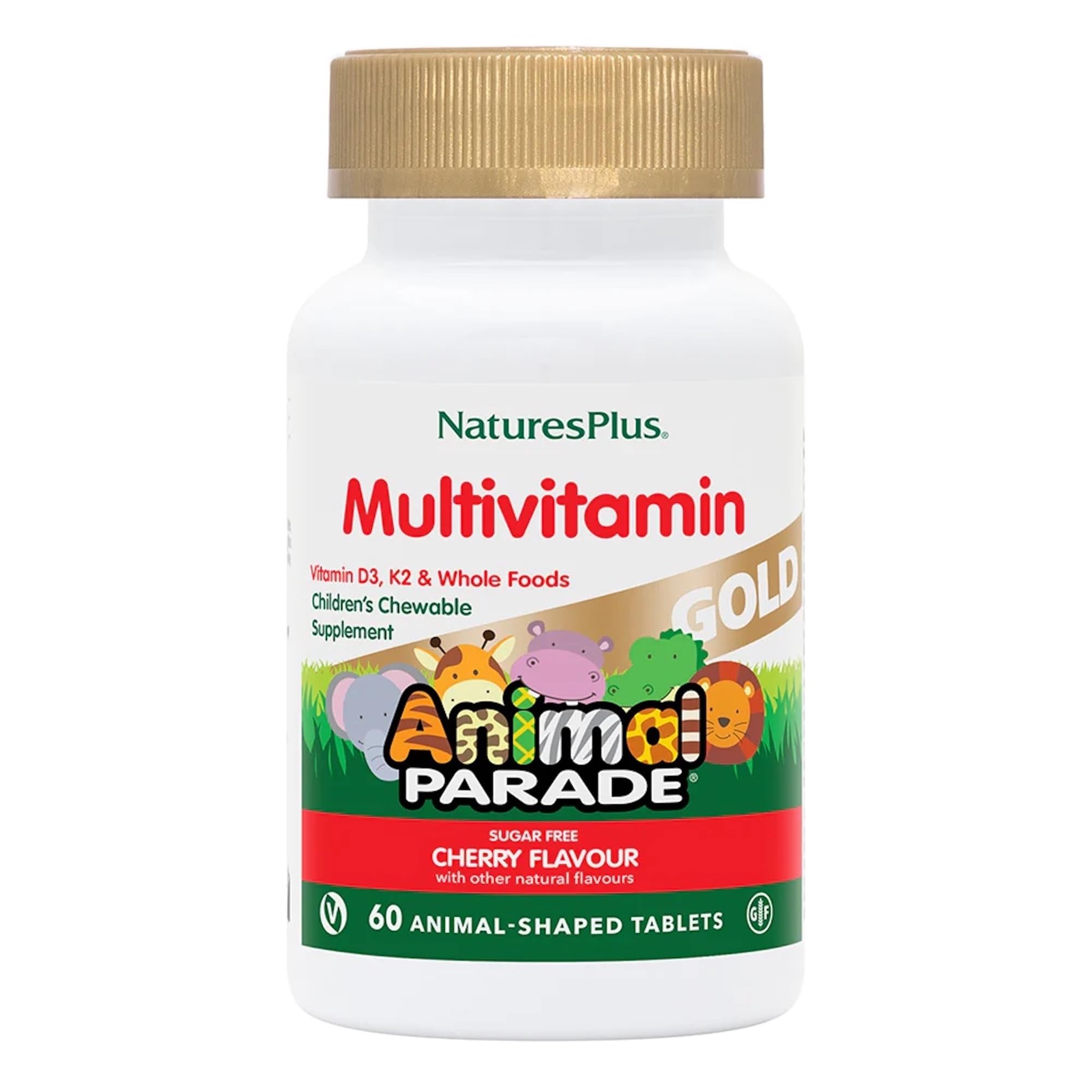 NaturesPlus Animal Parade Gold Kids' Multivitamin Natural Cherry Flavour - Chewable Vitamins, Superfoods and Probiotics - Vegan, Gluten Free - 60 Animal Shaped Chewable Tablets