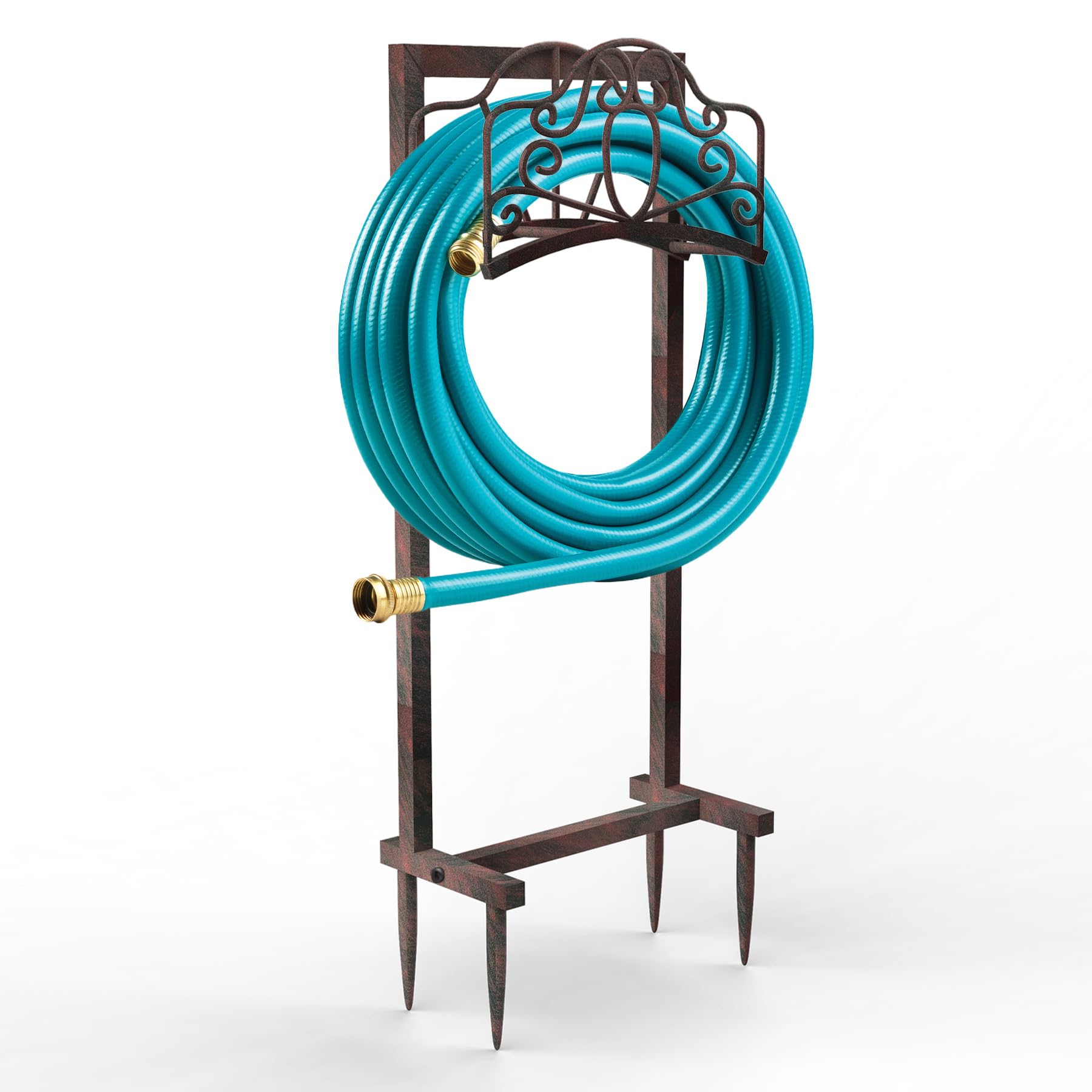 Photo 1 of Ouinis Garden Hose Holder Hanger Freestanding, Upgraded 4-Spike Heavy Duty Storage Reel Stand, Holds 150ft Hose for Outside Yard Lawn (Rustic Floral, Metal)