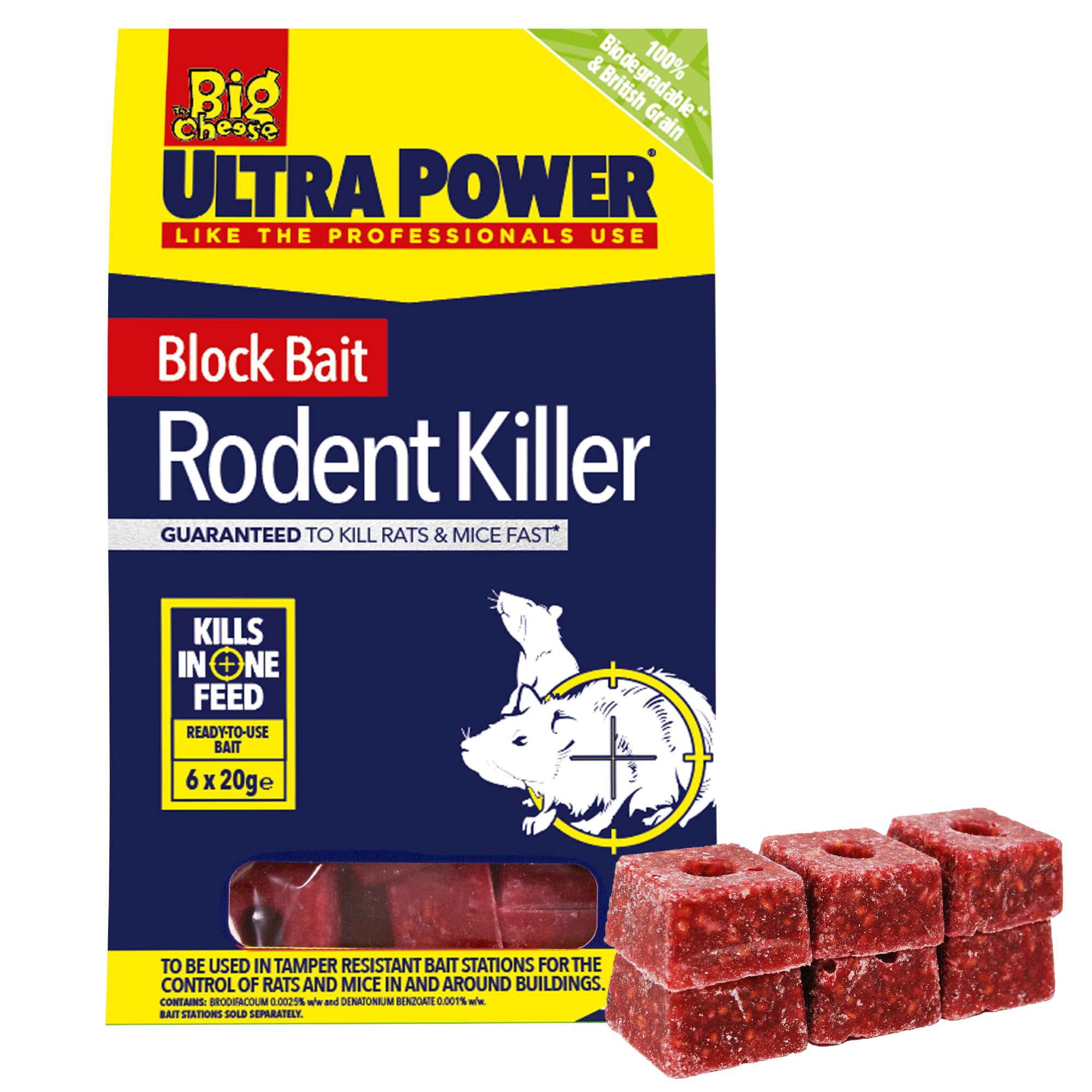 The Big Cheese Ultra Power Block Bait Rodent Killer - 20 g x 6, Rat and Mice Brodifacoum Poison Blocks, Fast Acting, Biodegradable, British Grain, Indoor Outdoor All Weather, Red