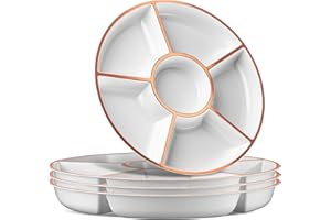Plasticpro 6 Sectional Round Plastic Serving Tray/Platter (2, White & Rose Gold)