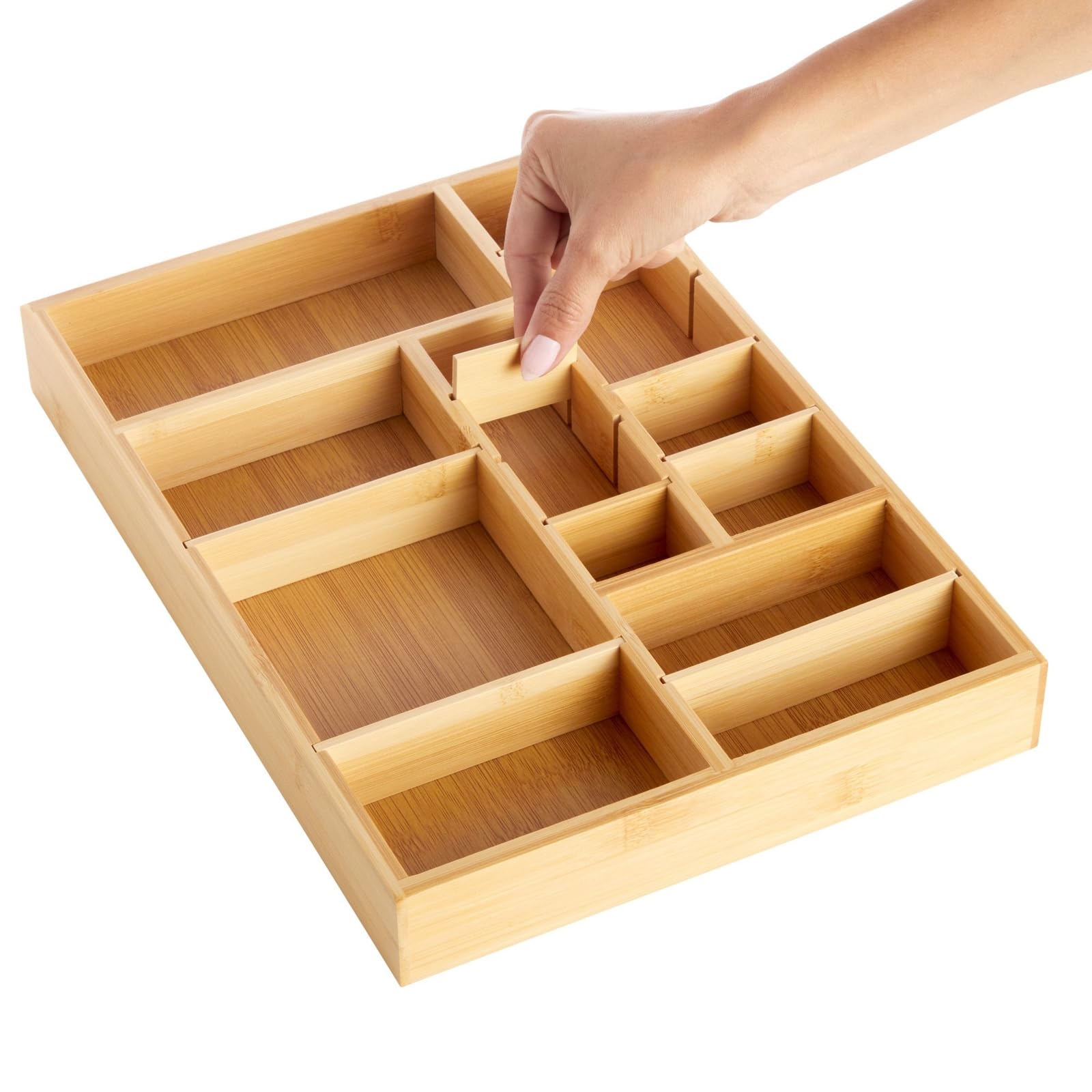 Photo 1 of Juvale Drawer Organizer Tray - 14 x 10 x 2 In Brown Bamboo - 8 Adjustable Dividers for Custom Storage - Silverware & Utensil Organizer - Desk Drawer Divider - Versatile Wooden Divided Tray