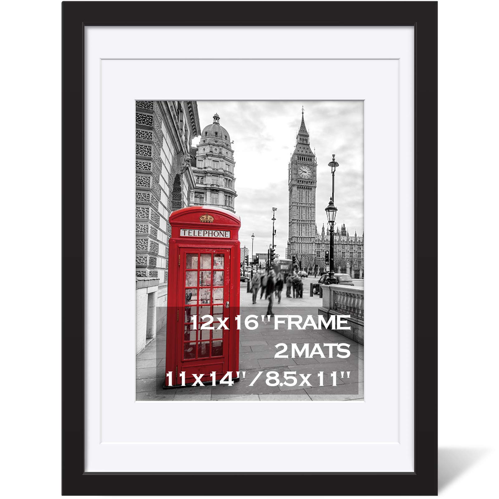 12x16 Picture Frames Made of Solid Wood Display Pictures 11x14 or 8.5x11 Diplomas with Mat or 12x16 Frame without Mat - Picture Frame for 11x14 Black With 2 Mats for Wall Mounting or Table Top Display