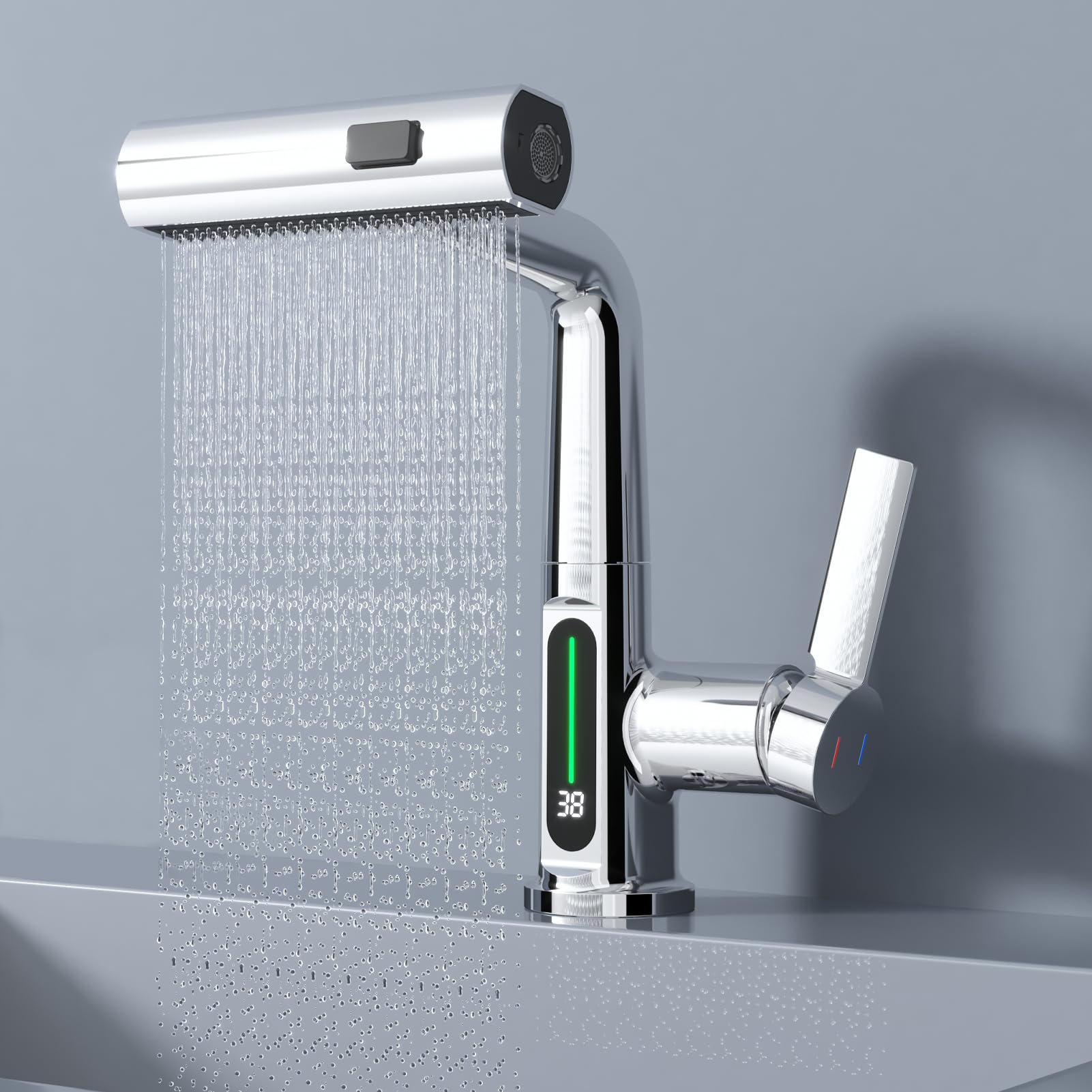 Pull-Out Waterfall Kitchen Tap with Temperature Display, Kitchen Tap, Rotatable Bathroom Sink Faucet, Waterfall Taps, Stainless Steel Hot Cold Switch Lifting Basin Mixer Taps（3/8 Water Inlet Pipes）