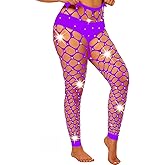 Aucute Women's High Waist Sparkle Rhinestone Tights Footless Fishnet Stockings Sexy Big Mesh Lingerie Pants