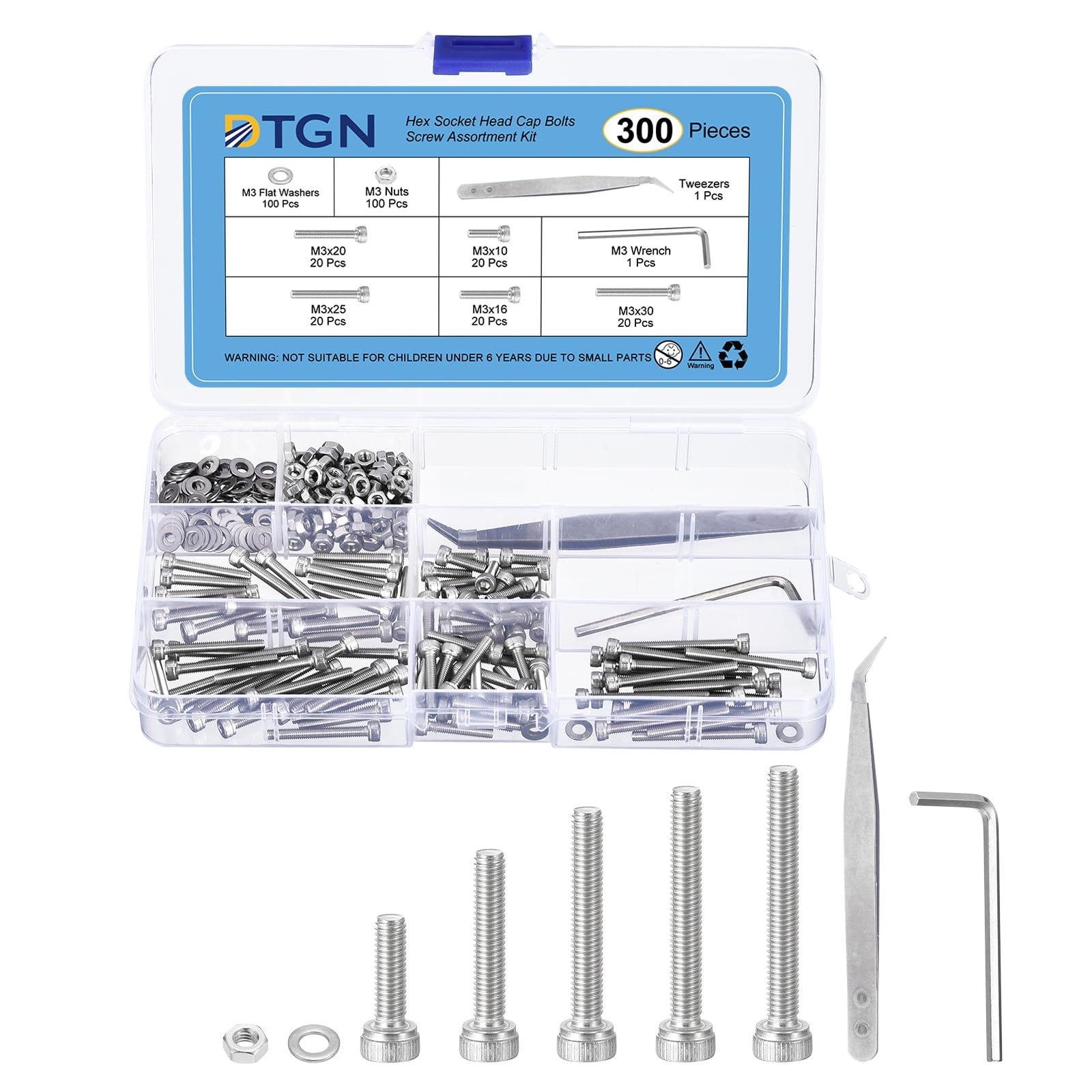 DTGN 300Pcs M3 Metric Screw Assortment, Bolts and Nuts Kit, 304 Stainless Steel M3x10/16/20/25/30mm Hex Socket Head Cap Screws Bolt Set With Wrench, Washers, Tweezers