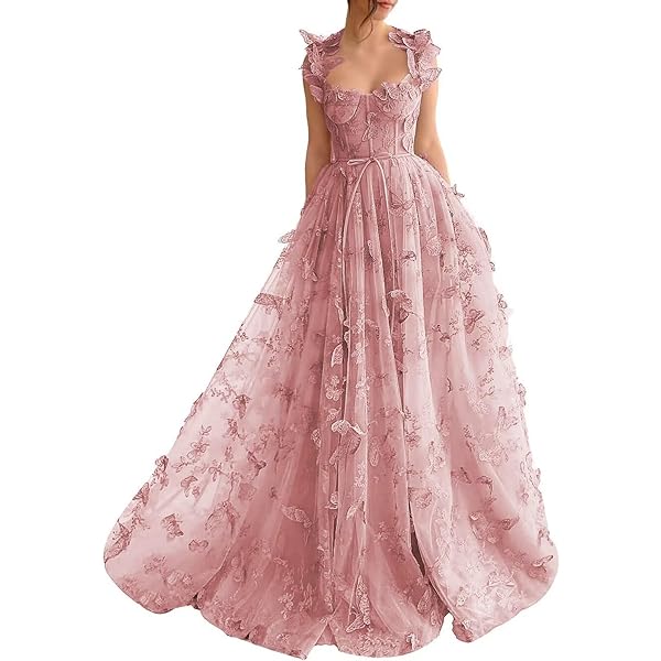 Tea Length 3D Butterfly Ball Gown Prom Dress - Corset Top, Tulle Skirt With Pockets, Forest Green