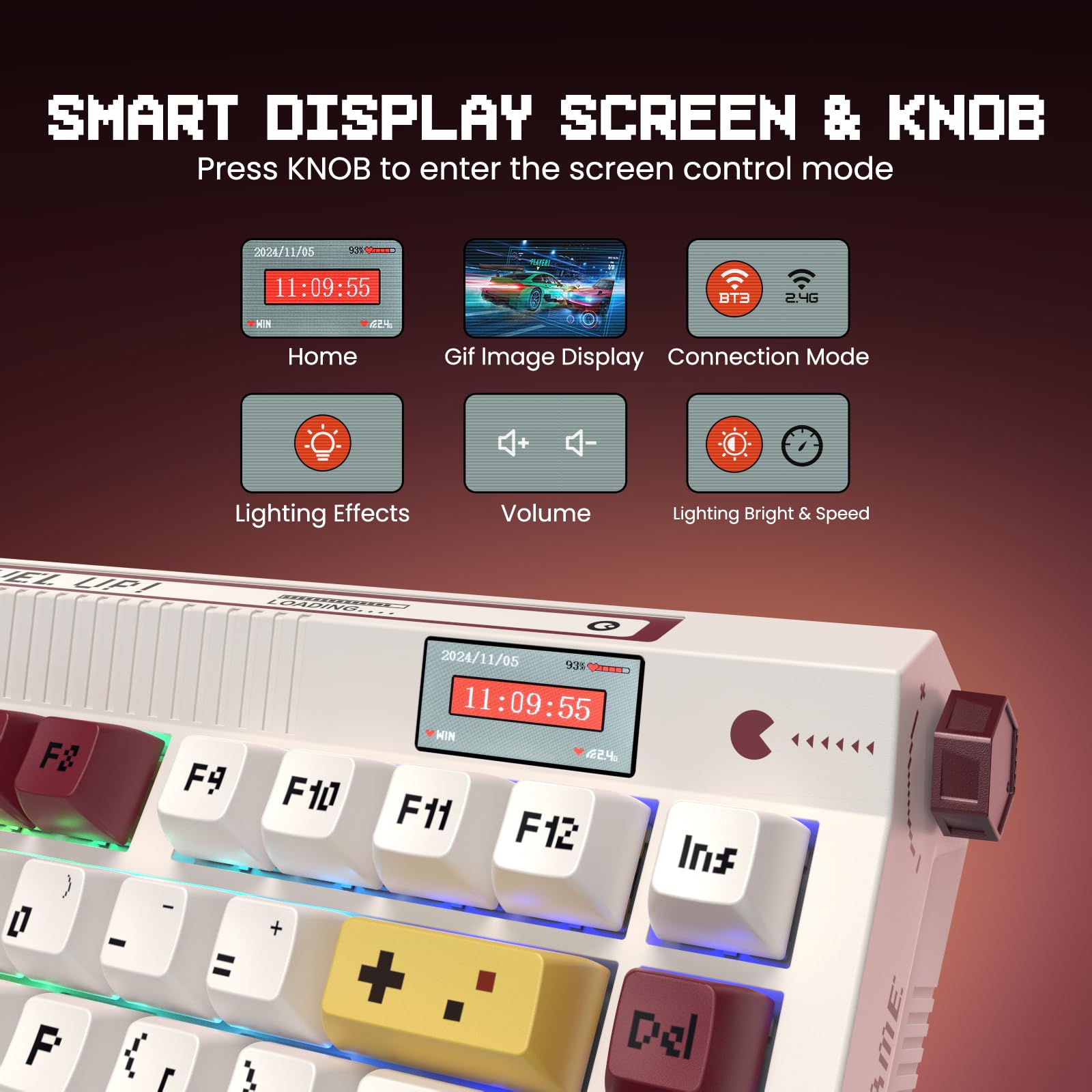 RisoPhy PC423 Wireless Creamy Keyboard with Screen & Knob, 75% 2.4G/Bluetooth/USB-C Gasket RGB Mechanical Keyboard, Hot Swappable, Five-Layer Padding & Pre-lubed Linear Switch, Retro Red and White