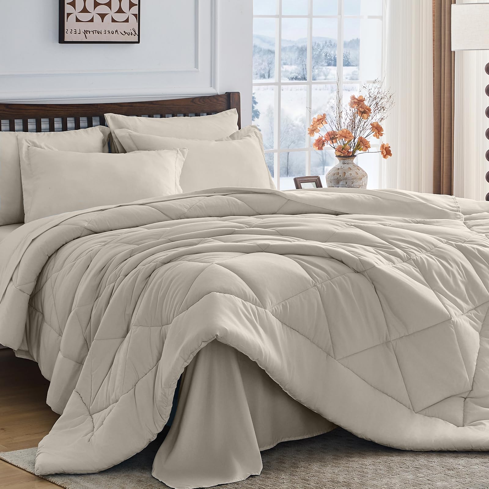 HEVUMYI Linen King Comforter Set - 7-Piece All Season Bed in a Bag King, Ultra Soft Bedding Set with Comforter, Flat Sheet, Fitted Sheet, Pillowcases, Pillow Shams Image