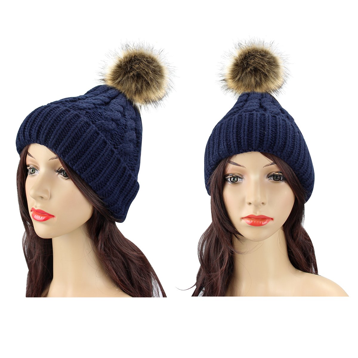 2 Pack Womens Knitted Chunky Beanie Faux Fur Pom Pom Beanie
