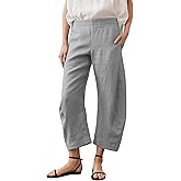 SeekMe Women's Cotton Linen Pants Barrel Leg Palazzo Elastic Waist Casual Capri for Beach Vacation