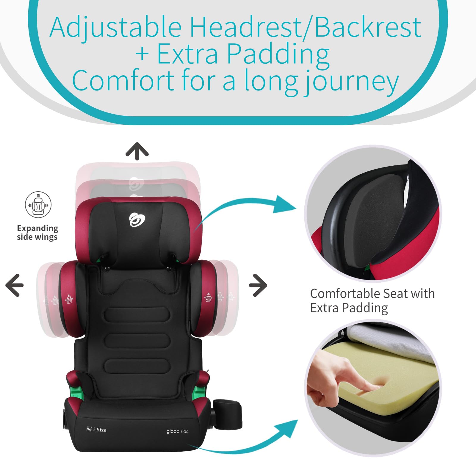 globalkids Kindersitz 15-36kg, Kinderautositz mit Isofix, i-Size R129 Kindersitzerhöhung,ca. 3,5 bis 12 Jahre (100 bis 150 cm),Armlehnen und Kopfstütze höhenverstellbar, leicht, mit Getränkehalter 4