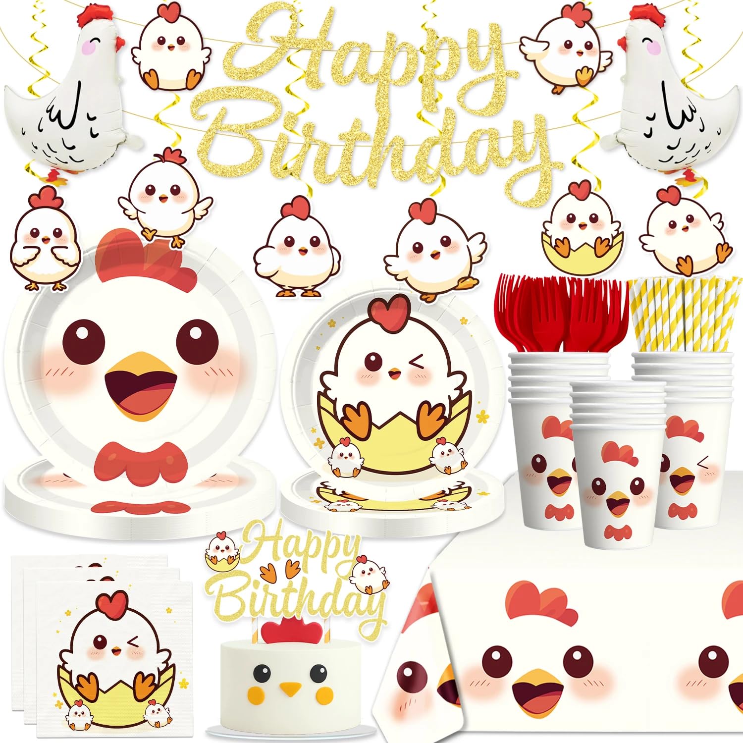Photo 1 of 142 Pcs Chicken Birthday Decorations Farm Animal Chicken Theme Banner Balloons Cake Decorations Plates Napkins and Tablecloth Birthday Decorations Little Chick Party Supplies Chicken Decor