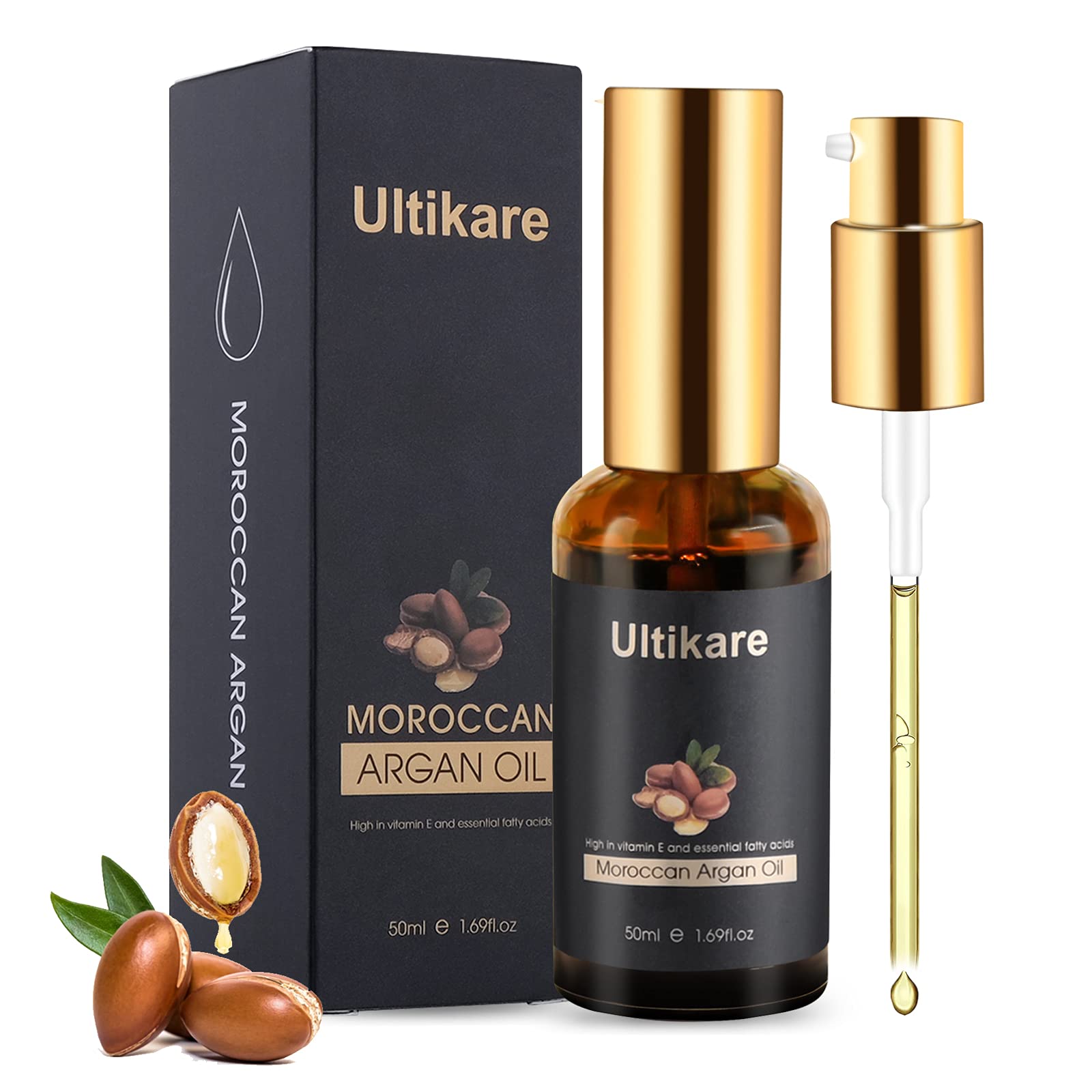 Ultikare Moroccan Argan Oil for Hair - Repair Serum for Curly, Dry & Damaged Hair - Nails & Hair Treatment Essential Oils 1.69Fl Oz (Black)