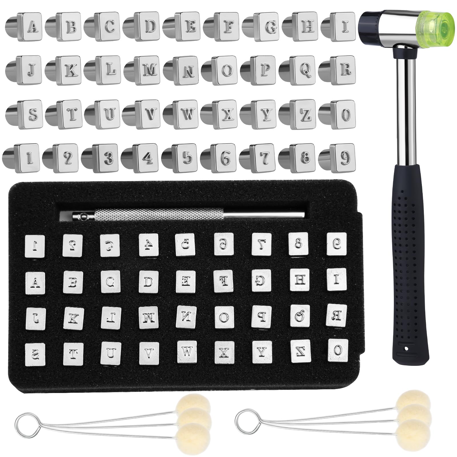 Wonvoc 44 Pcs Leather Stamping Tools, 36 Pcs Leather Letter Stamps, Leather Stamping Kit, with Wool Dauber Stamping Tools, Leather Hammer, for DIY Leathercrafts