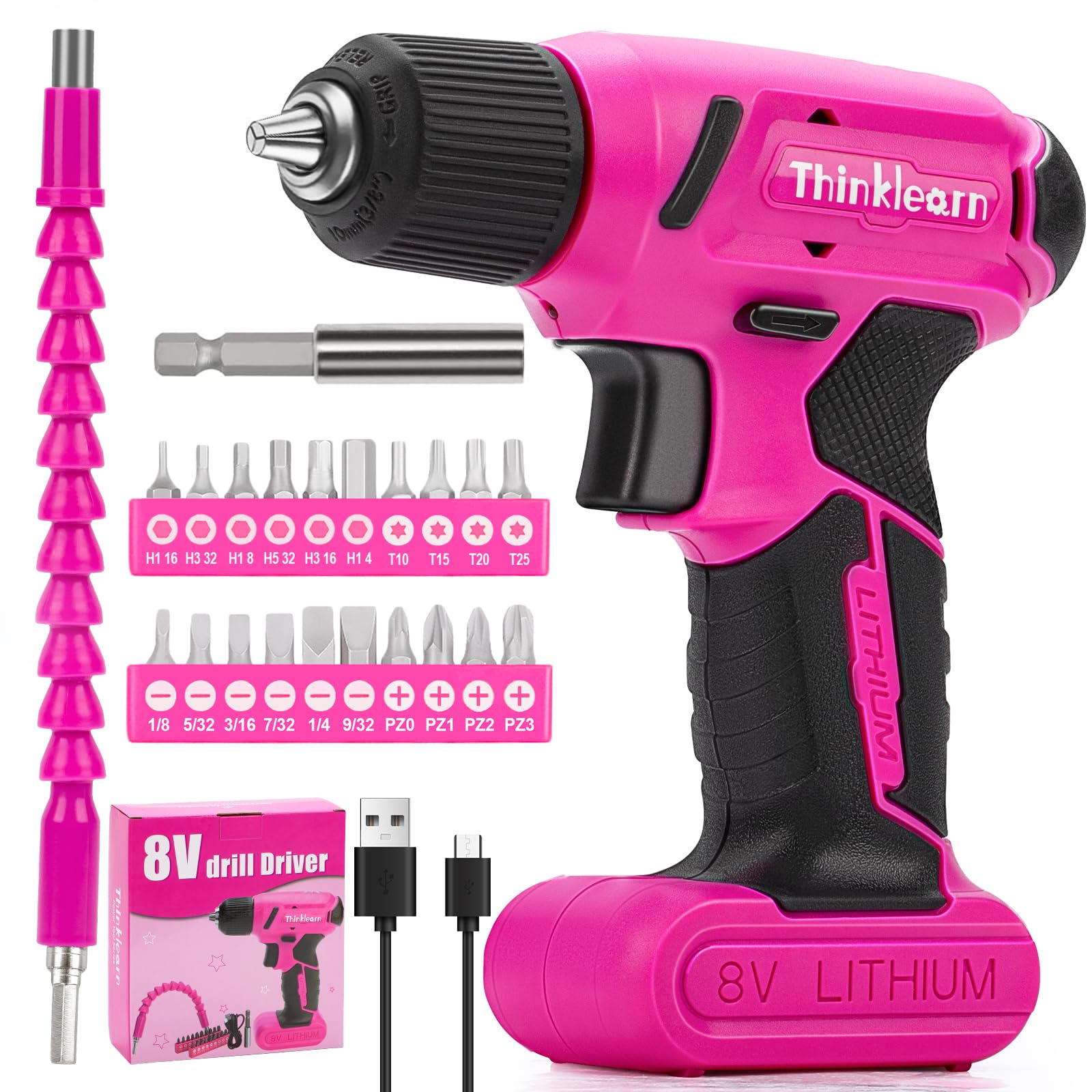 8V Pink Cordless Drill Set, Electric Screwdriver Drill Driver Set with 3/8