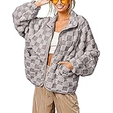 chouyatou Women Winter Casual Checkered Fleece Jacket Fuzzy Oversized Sherpa Jacket Shacket Faux Fur Coat