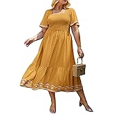 Glamaker Women's Plus Size Summer Casual Short Sleeve Smocked Square Neck A Line Flowy Midi Dress Long Dress