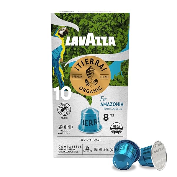 LAVAZZA TIERRA AMAZONIA USDA ORGANIC ESPRESSO ALUMINUM CAPSULES COMPATIBLE WITH NESPRESSO ORIGINAL MACHINES (PACK OF 60) ,VALUE PACK, MEDIUM ROAST 100% ARABICA, ROUND & BALANCED, NOTES OF CHOCOLATE & CARAMEL, INTENSITY 8 OF 13