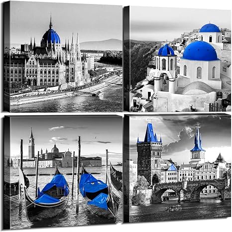 Amazon Com Framed Canvas Wall Art Decor Black White Mediterranean Blue European Architecture City Town Hungarian Parliament Santorini Island Greece Italy Venice Water Towns Boats Prague Charles Bridge Posters Prints
