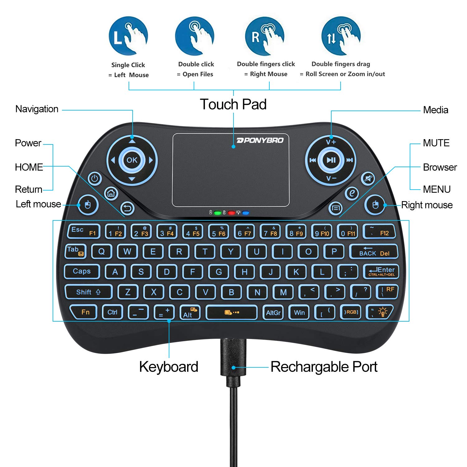 (Newest Version) PONYBRO Mini Wireless Keyboard with Touchpad Mouse,Backlit Remote Keyboard, Portable Handheld Keyboard Wireless Small Keyboard for Android,Windows,Mac OS,Linus.PC,TV,Notebooks.(MK1)